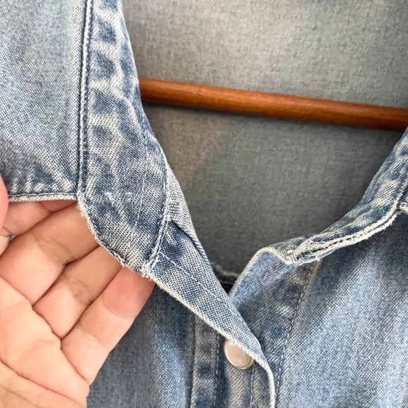 Vintage Mini Shirt Dress Snap down Denim Jean Light wash Embroidery Western XL - Picture 13 of 15